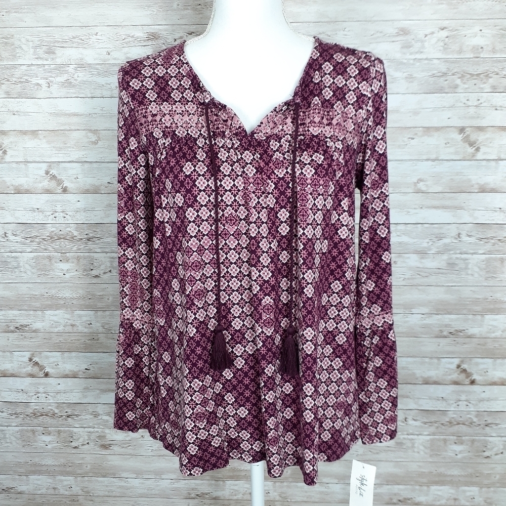 Style & Co Blouse Boho Top Pink Tassels 230